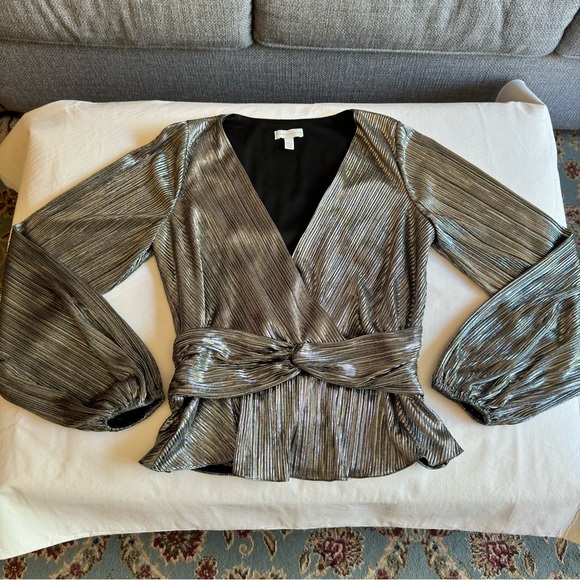 ML Monique Lhuillier Metallic Blouse Silver Small - Picture 12 of 15